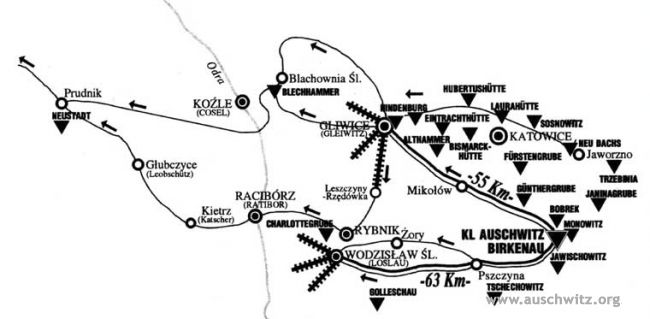 A map of the death marches from Auschwitz