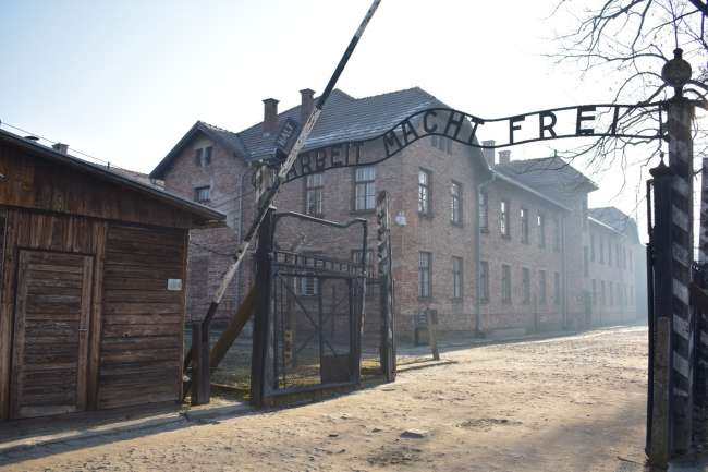 The entrance to the main camp at Auschwitz.