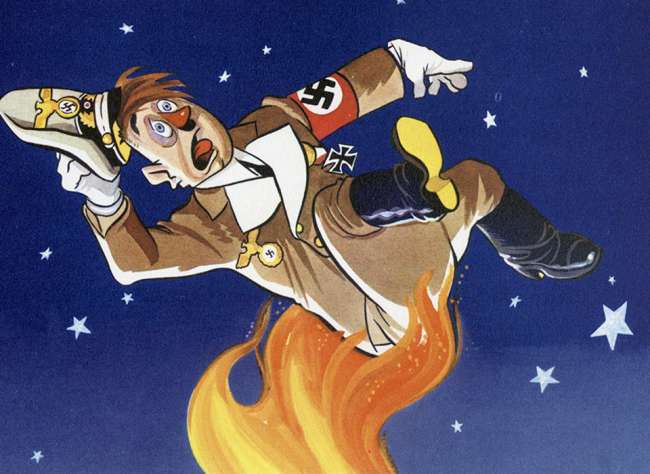 The torch of Liberty beneath a distressed Hitler.