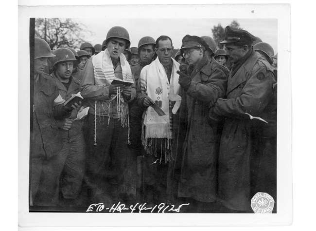 Max Fuchs, New York City cantor, sings as Rabbi Sydney [sic] Lefkowitz, Richmond, VA, conducts the first Jewish services from Germany.