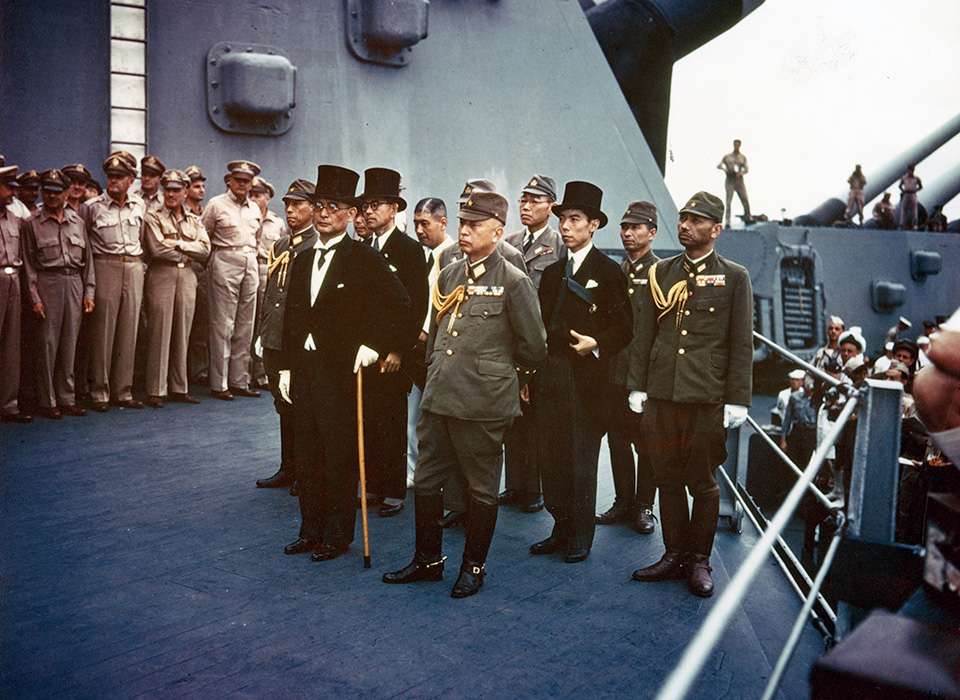 Japanese representatives on board USS Missouri (BB-63) during the surrender ceremonies